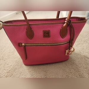 Large Dooney & Bourke Pink Brown Leather Tote Multiple Pockets Gold Barbie